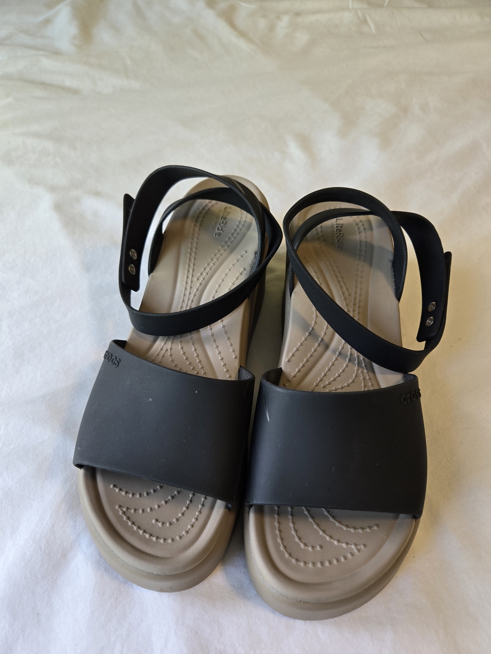 CROCS Brooklyn Ankle Strap Wedge, Black & Tan Wedge Sandals with Ankle Strap - Picture 3 of 16